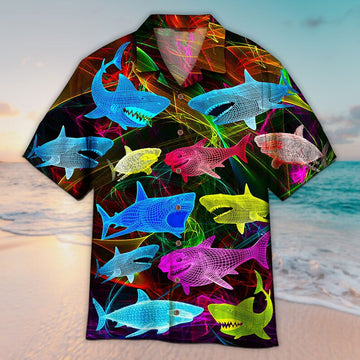 Maxcorners Unisex Fish Neon Glowing Shark Blue And Violet Hawaiian Shirt